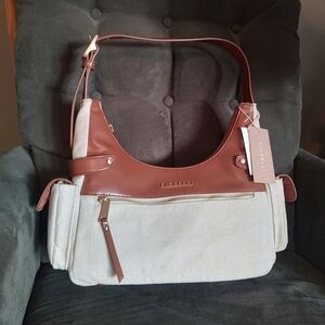 Fiorelli Canvas Purse Bag Faux Leather Beige Brown Shoulder